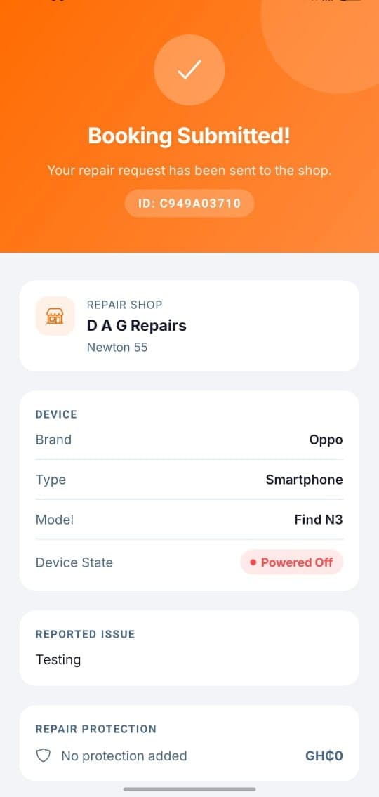RepairNear app confirming a submitted repair booking