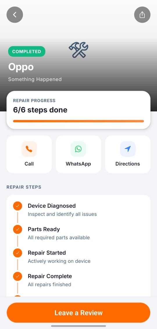 RepairNear app tracking repair progress step by step